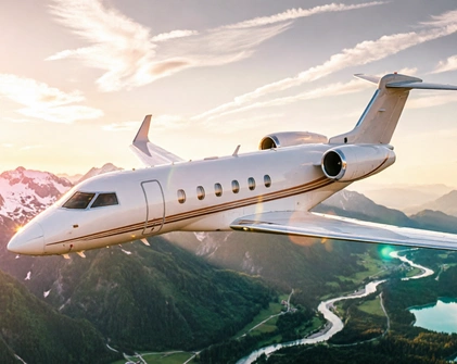 Privatflugzeug über den Bayerischen Alpen bei Sonnenuntergang
