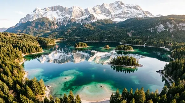 Tegernsee mit Bergpanorama aus der Vogelperspektive