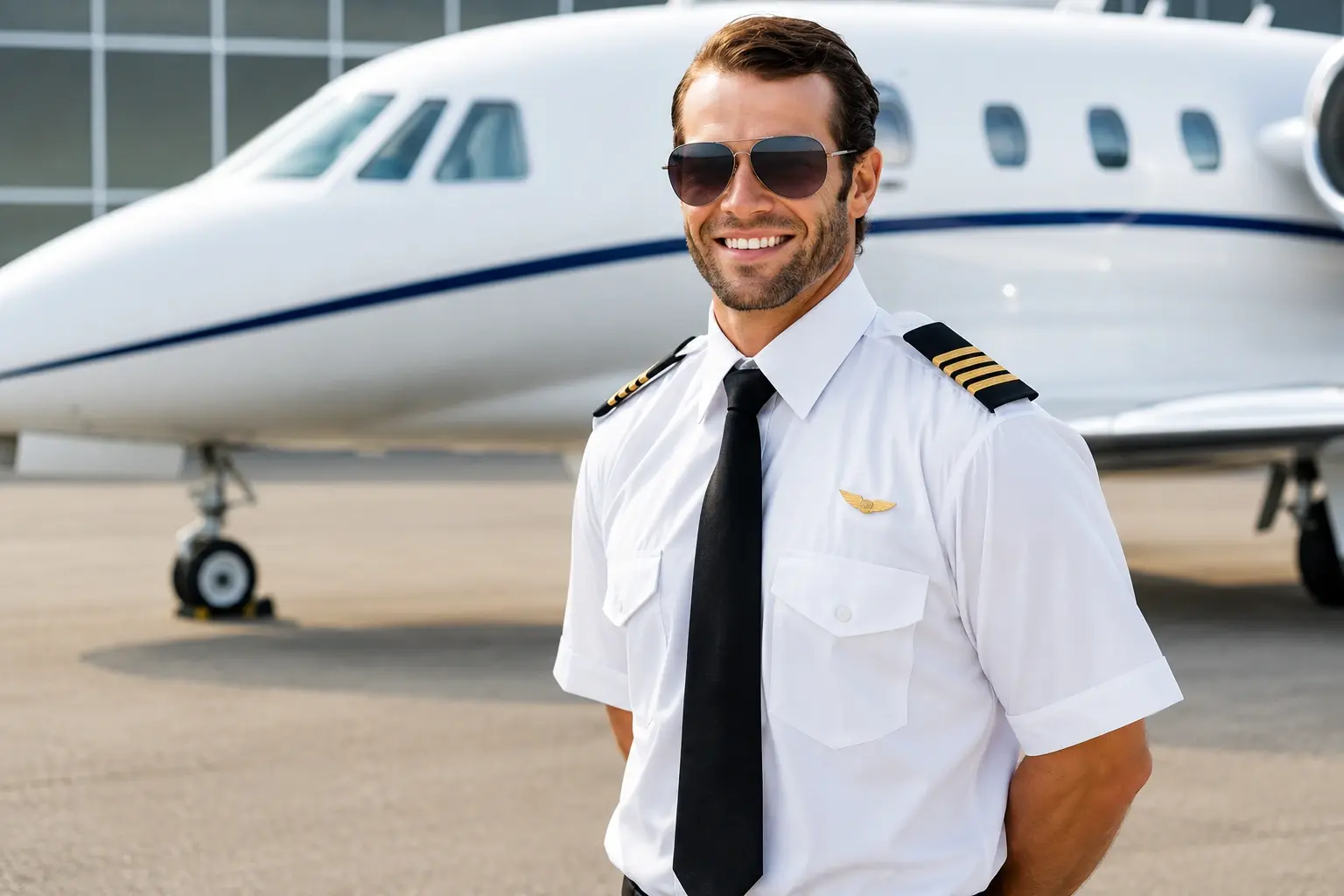 Erfahrener Pilot von Horizon Tours vor dem Flugzeug