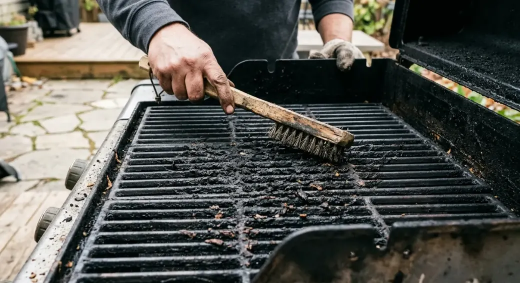 Drahtbürste auf verschmutztem Grillrost